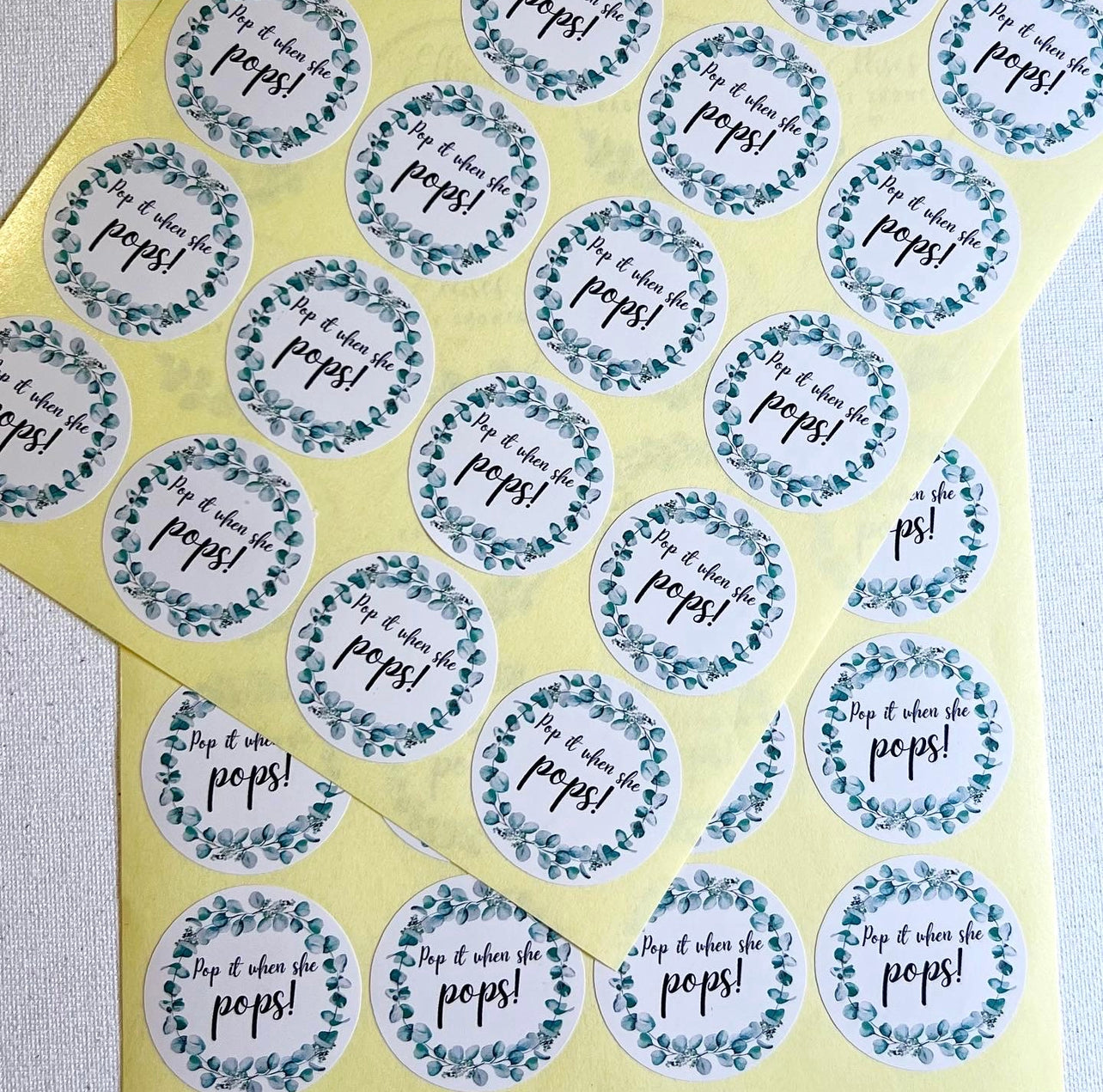 ‘Pop it when she pops’ eucalyptus baby shower sticker