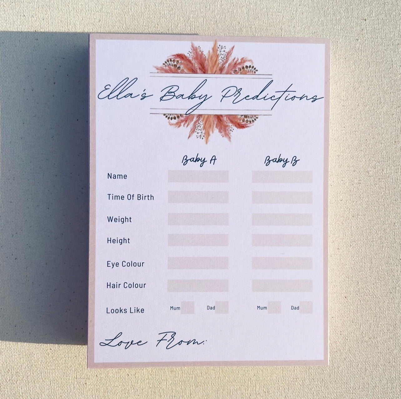 Baby shower prediction cards
