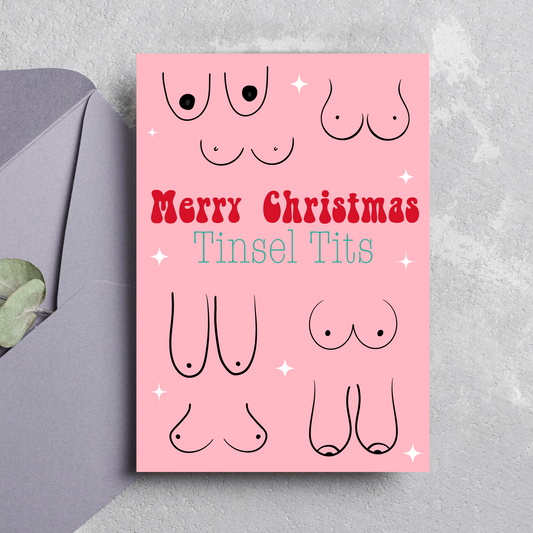 Merry Christmas Tinsel T**s Greeting Card Pink