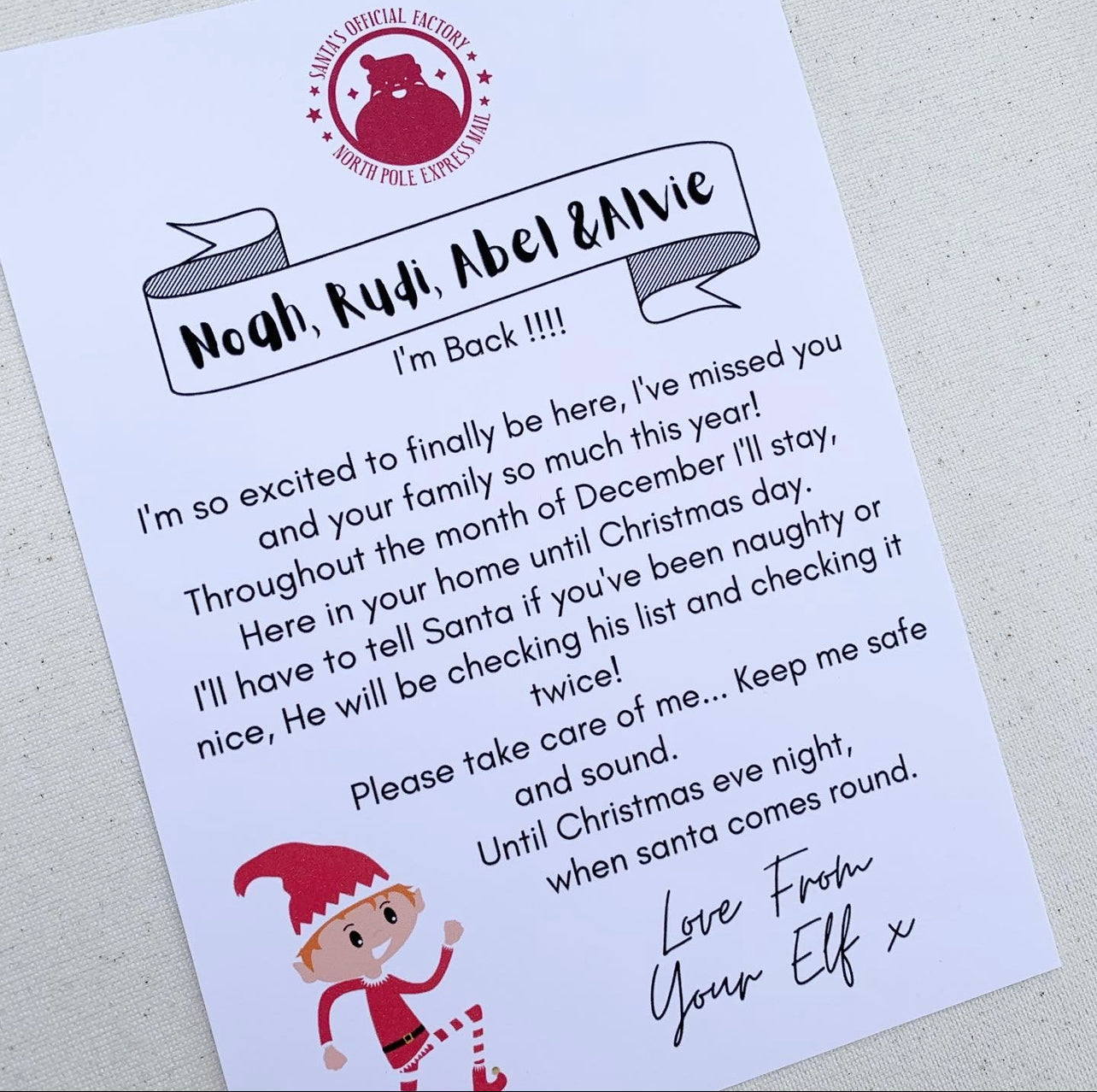 Customisable elf of the shelf letter