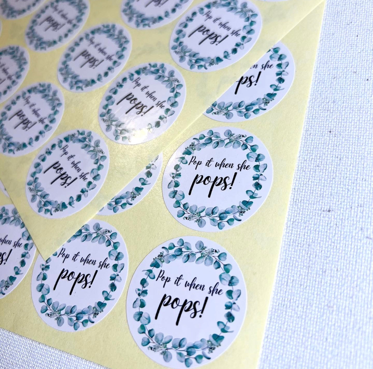 ‘Pop it when she pops’ eucalyptus baby shower sticker