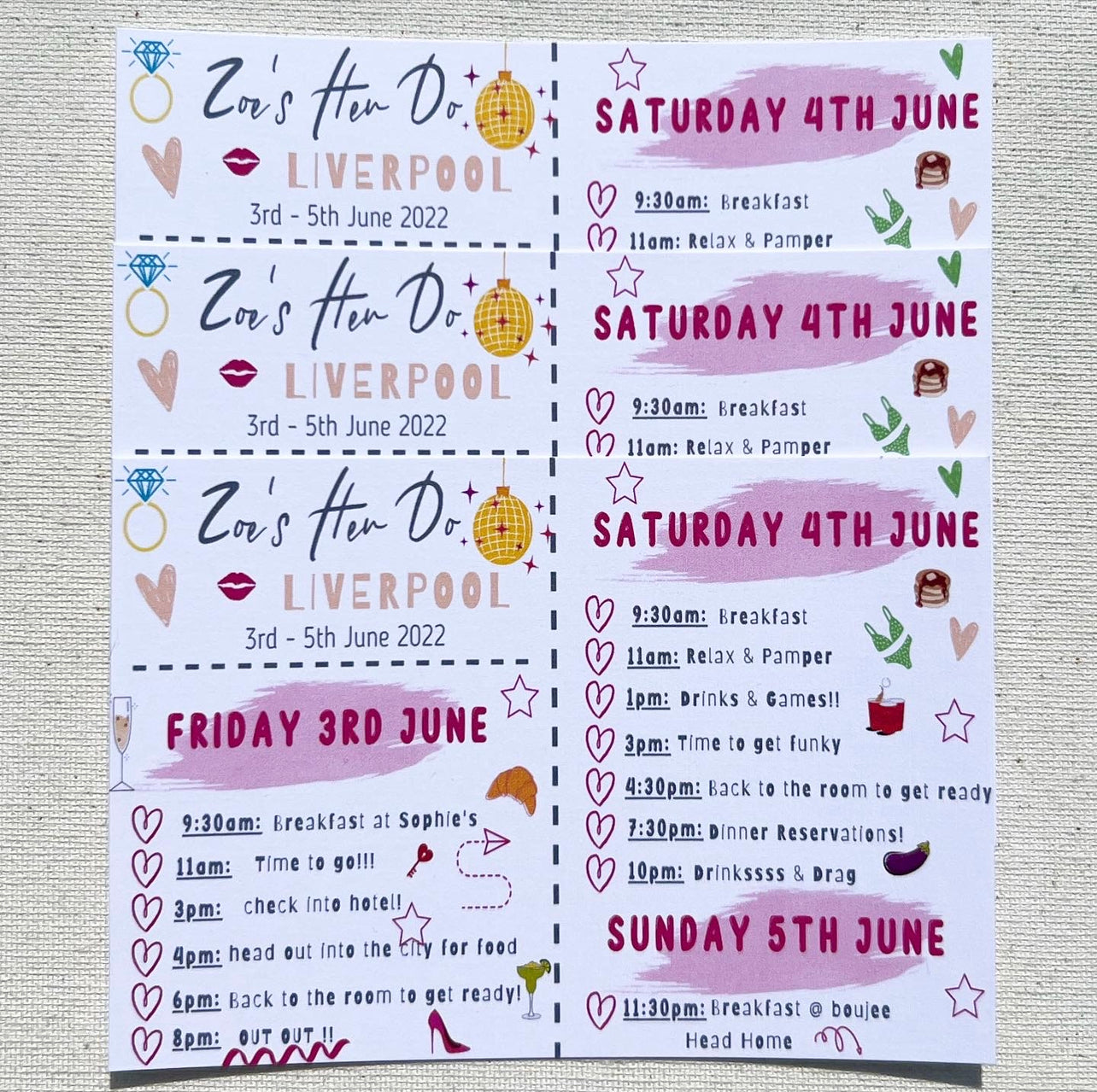 Hen party itinerary postcards