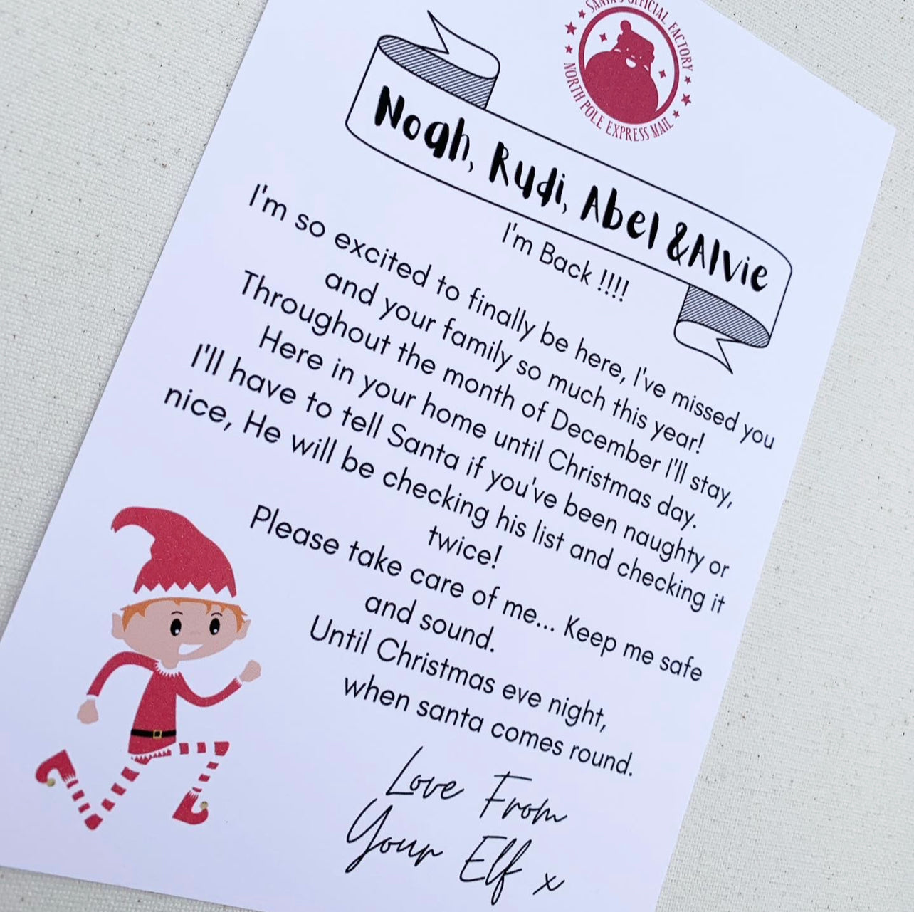 Customisable elf of the shelf letter