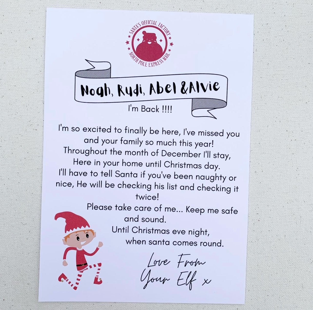 Customisable elf of the shelf letter