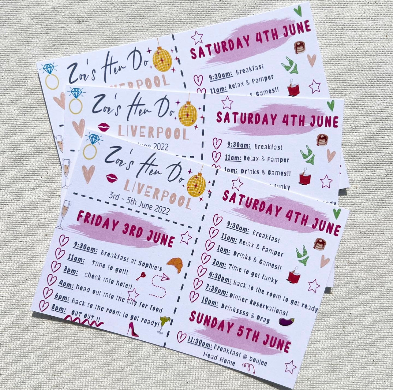 Hen party itinerary postcards