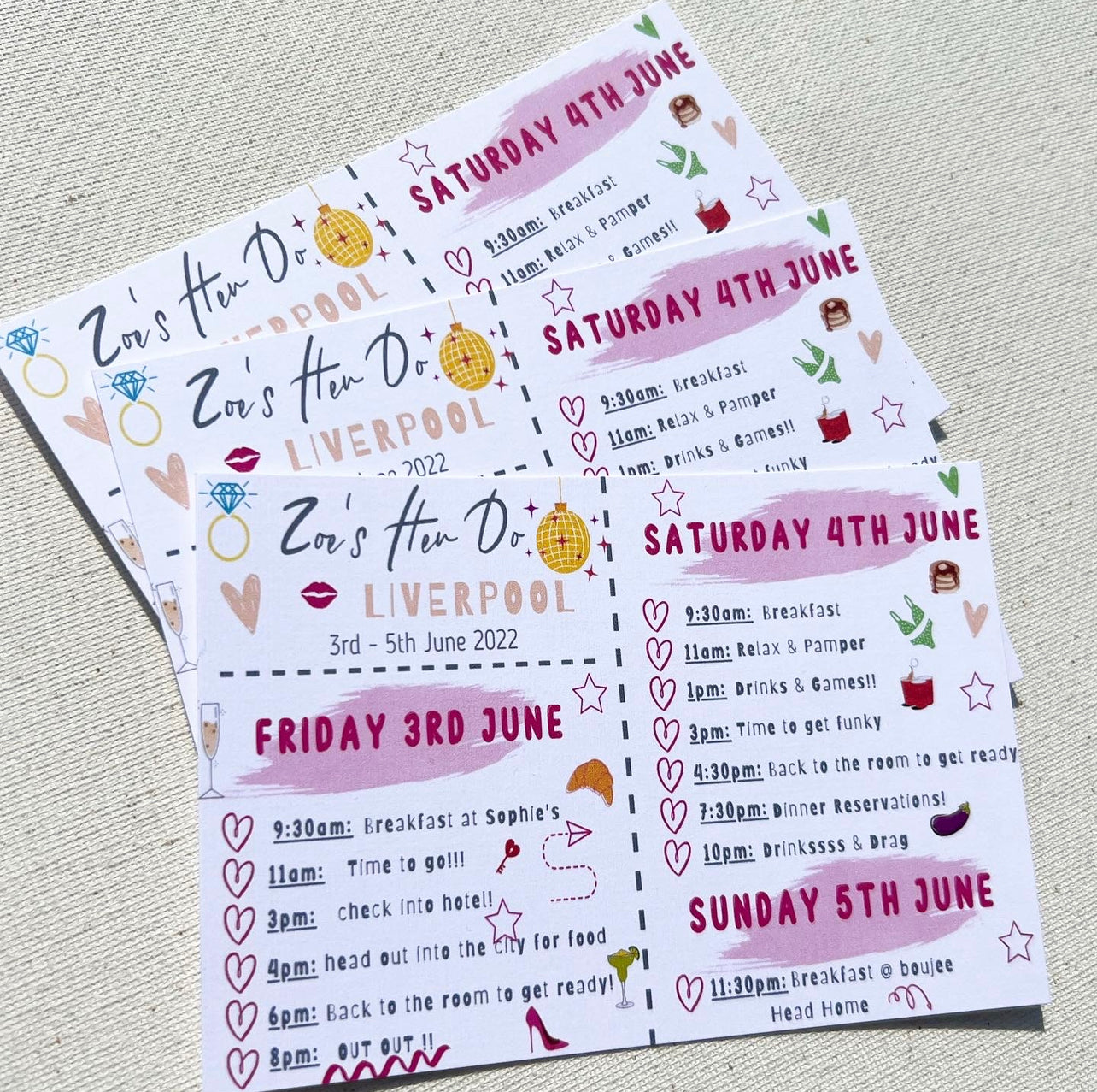 Hen party itinerary postcards