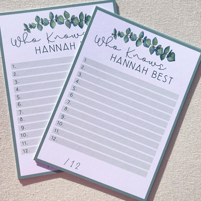 Eucalyptus baby shower quiz sheets