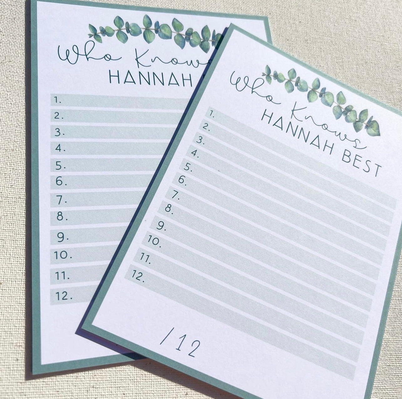 Eucalyptus baby shower quiz sheets