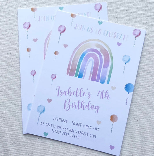 Watercolour rainbow party invites