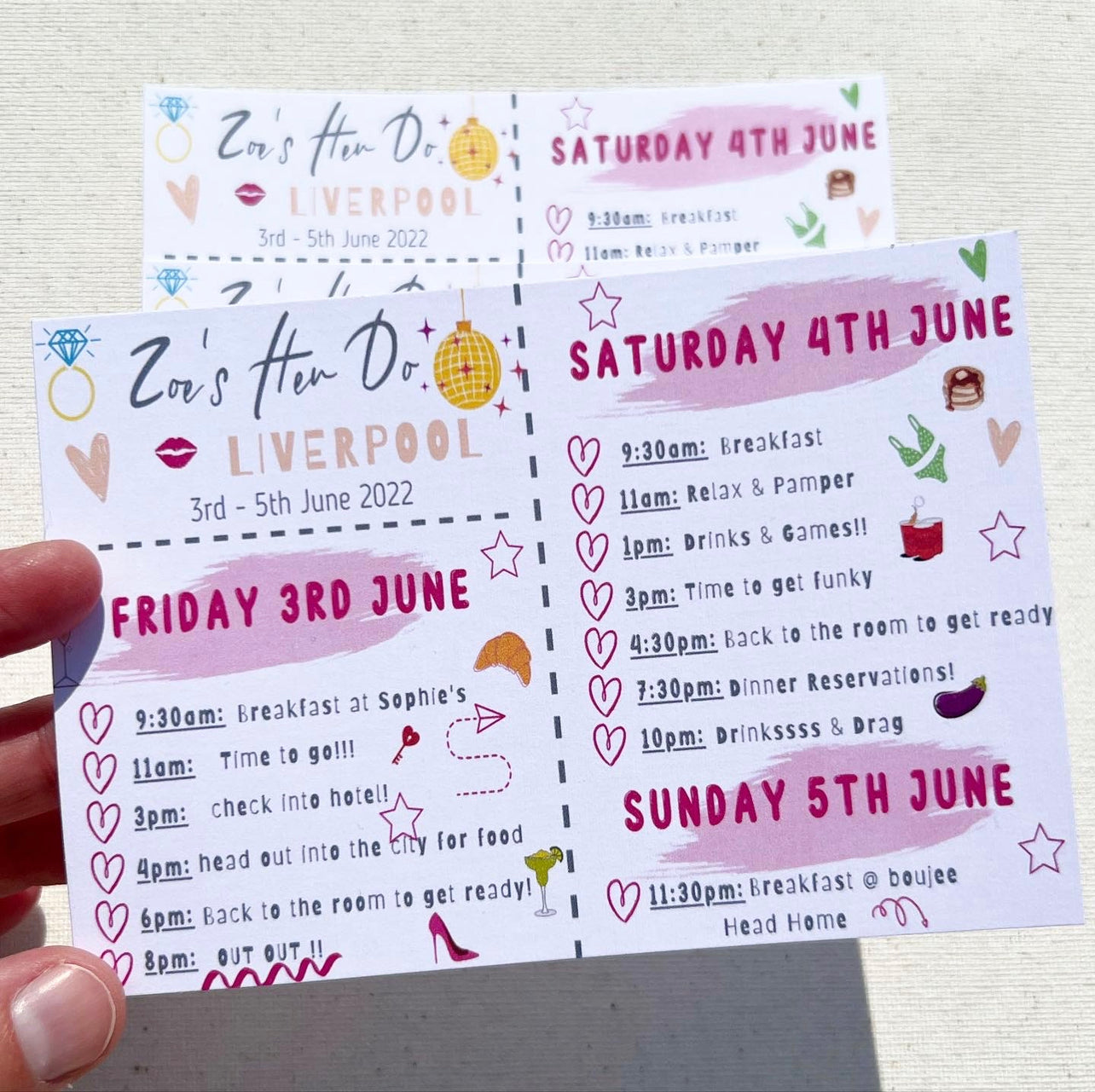 Hen party itinerary postcards