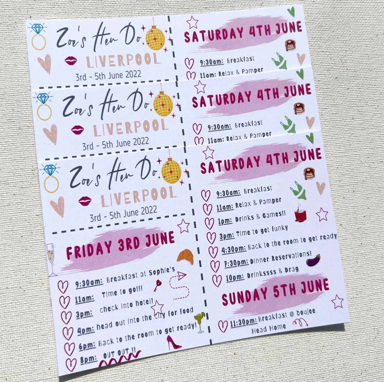 Hen party itinerary postcards