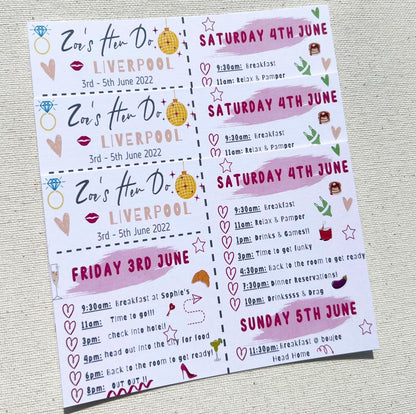 Hen party itinerary postcards