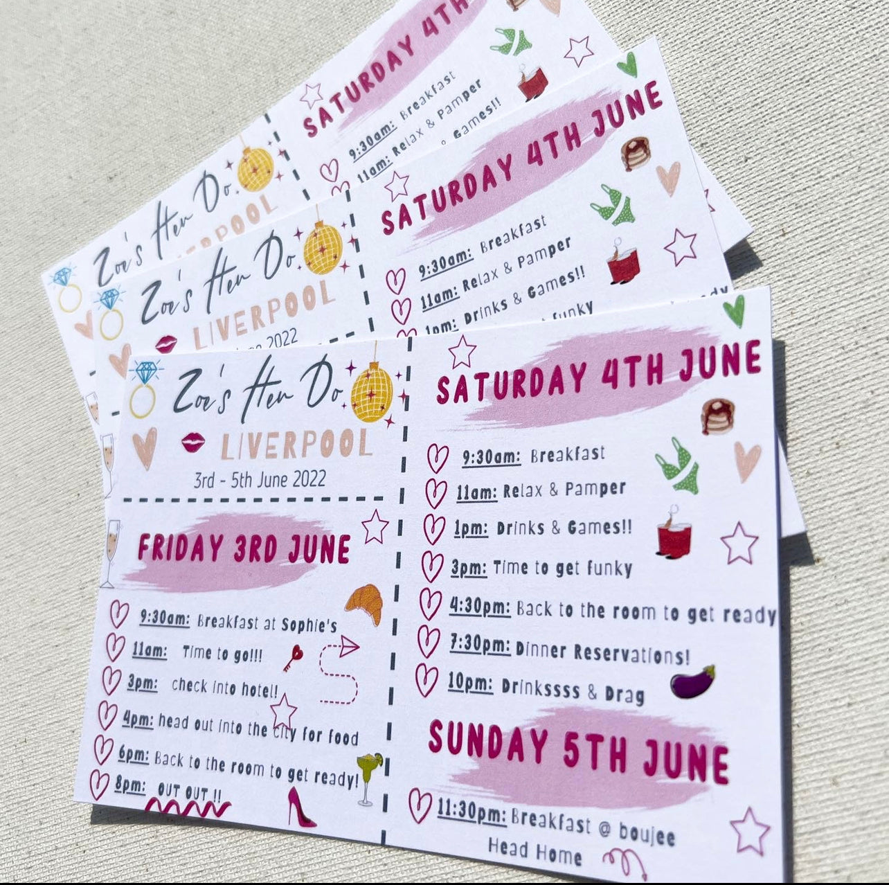 Hen party itinerary postcards