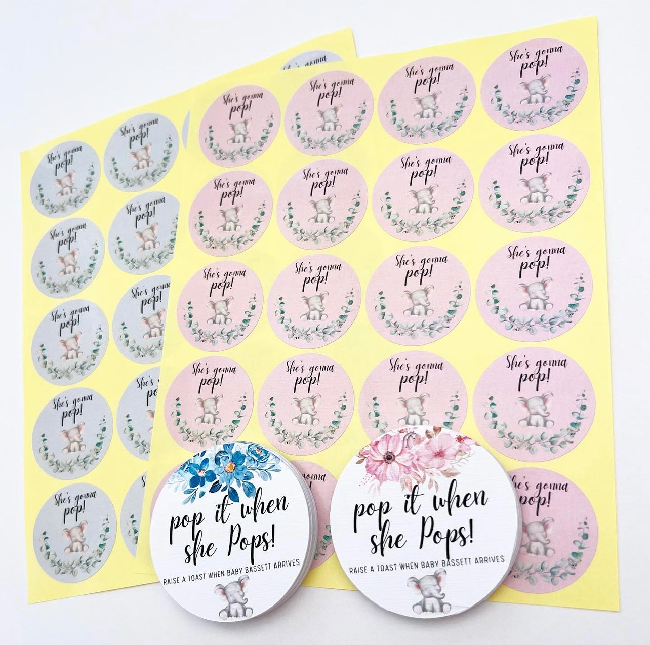 'She’s gonna pop' gender reveal baby shower stickers